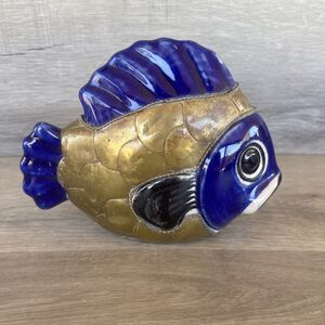 Tonala Mexican Folk Art Pottery And Brass Fish Sculpture Figurine